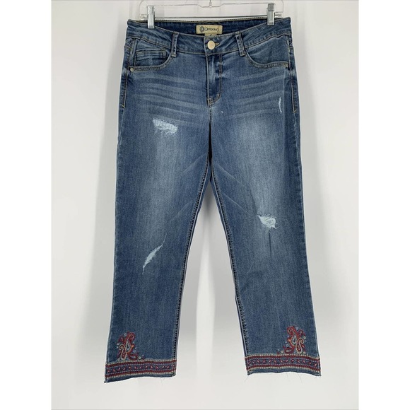 DEMOCRACY Jeans Sz 8 30x25 Medium Wash Crop‎ Slim Straight Flood Embroidered - Picture 1 of 7